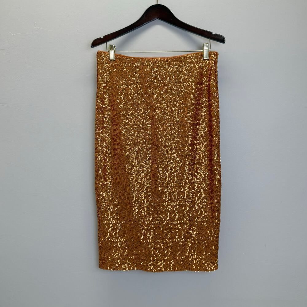 HALSTON STRETCHY SEQUIN PENCIL MIDI SKIRT IN ORANGE SIZE MEDIUM🔅